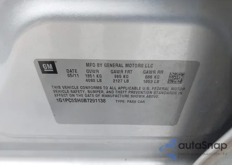 2011 Chevrolet Cruze Ls из США, поврежденный, VIN 1G1PC5SH0B7291138